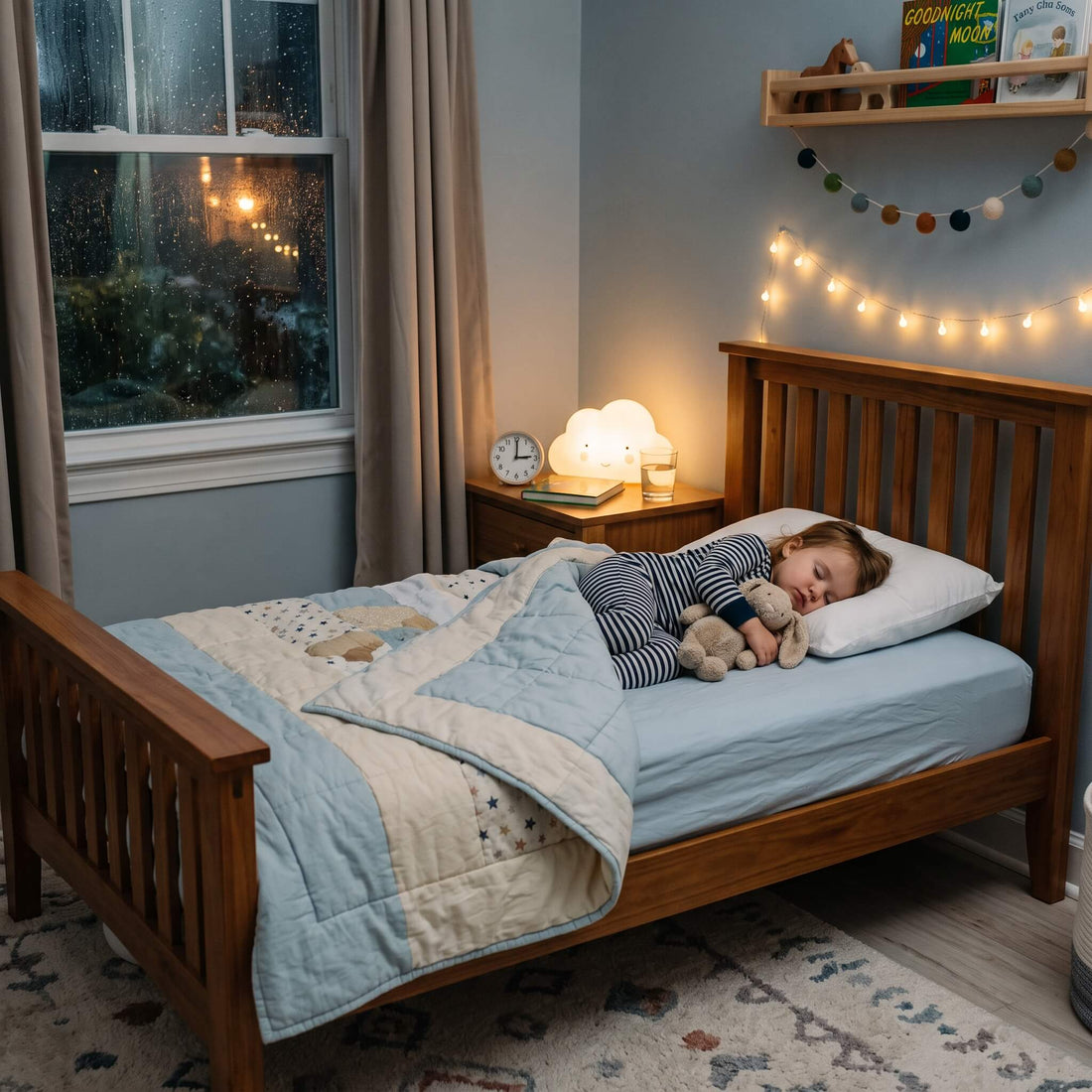 Toddler sleeping soundly in a safe, comfortable big-kid bed with snug fitted sheets
