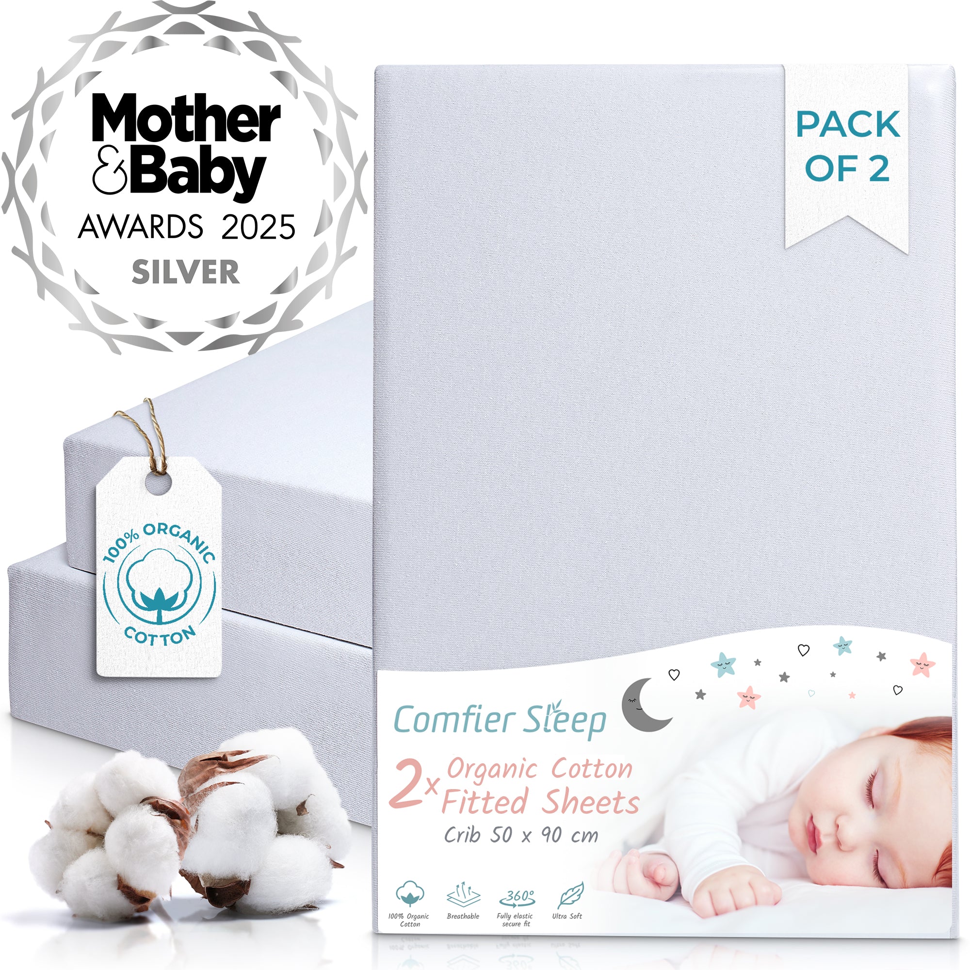 Crib Sheets 50x90cm – Organic Cotton 2 Pack White Cozee Bedside Crib Fitted Sheets – Soft Cot Sheets for Breathable Comfort