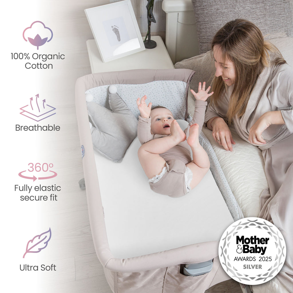 White Next To Me Crib Sheets 51x85cm – Award-Winning 2 Pack Organic Cotton Bedside Crib Fitted Sheets – Soft Breathable Tutti Bambini CoZee Fitted Sheets for Daily Use