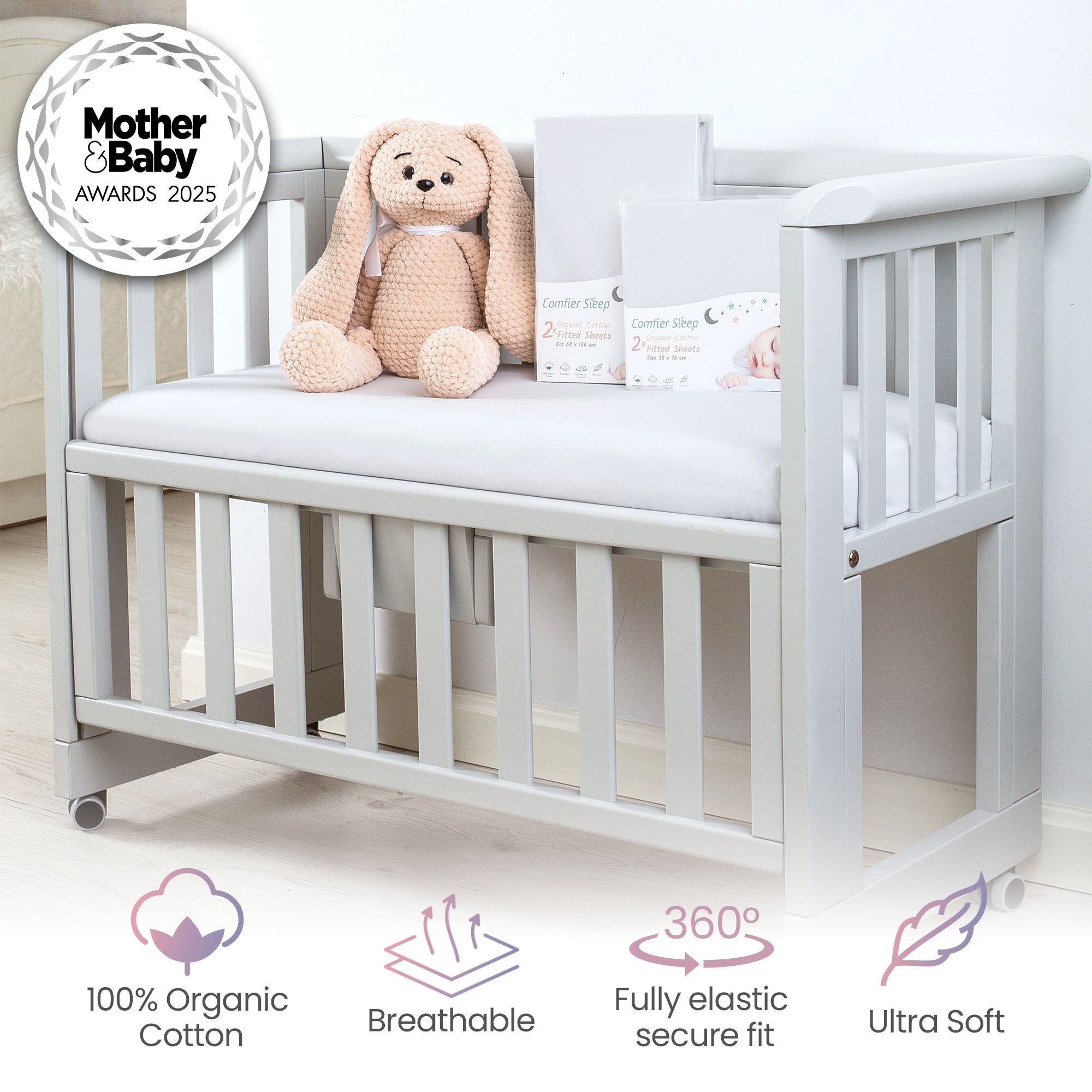 Grey Cot Sheets 120x60 Fitted – 2 Pack Organic Cotton  – Ultra Soft Cot Bed Sheets for Daily Use