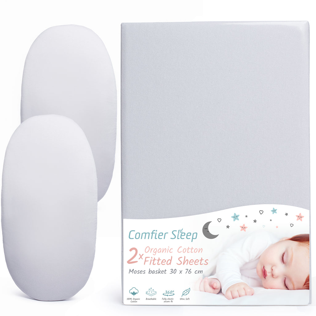 Grey Moses Basket Sheets 2 Pack – Organic Cotton Pram Sheets Fitted 30x76cm – Soft Breathable Bedding for Newborns