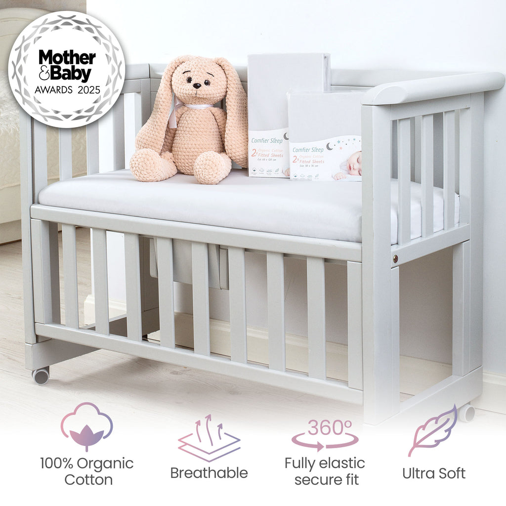 Grey Travel Cot Sheets 95x65 cm – 2 Pack Organic Cotton Travel Cot Fitted Sheet– Soft Breathable Bedding for Standard Travel Cot Mattress