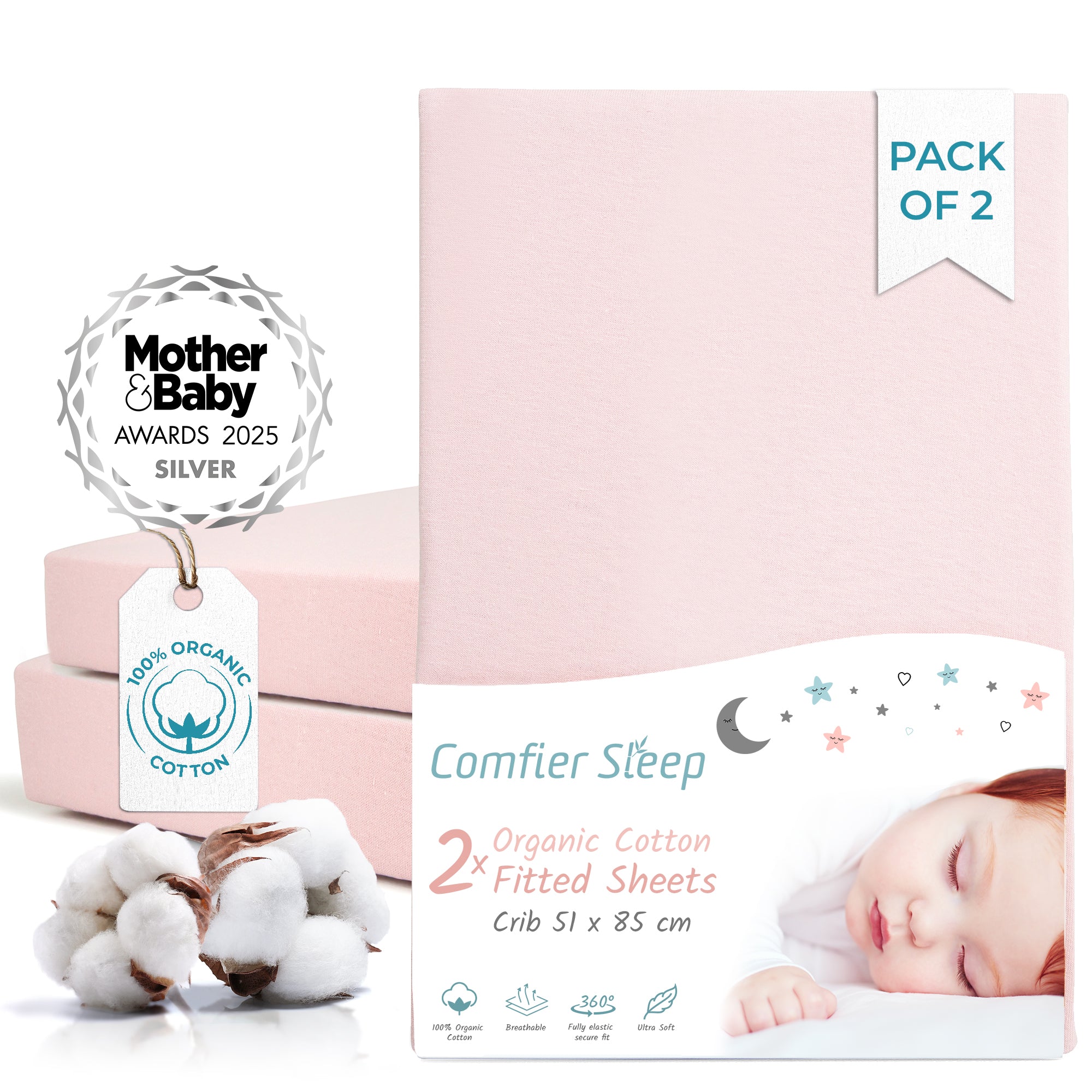 Next To Me Crib Sheets 51x85cm – Award-Winning 2 Pack 100% Organic Cotton Grey Bedside Crib Fitted Sheets – Soft Breathable Tutti Bambini CoZee Fitted Sheets for Daily Use