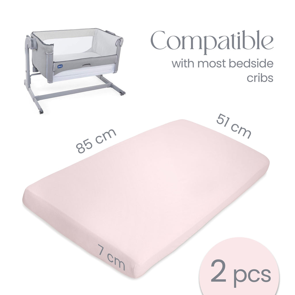 Next To Me Crib Sheets 51x85cm – Award-Winning 2 Pack Organic Cotton Pink Bedside Crib Fitted Sheets – Soft Breathable Tutti Bambini CoZee Fitted Sheets for Daily Use