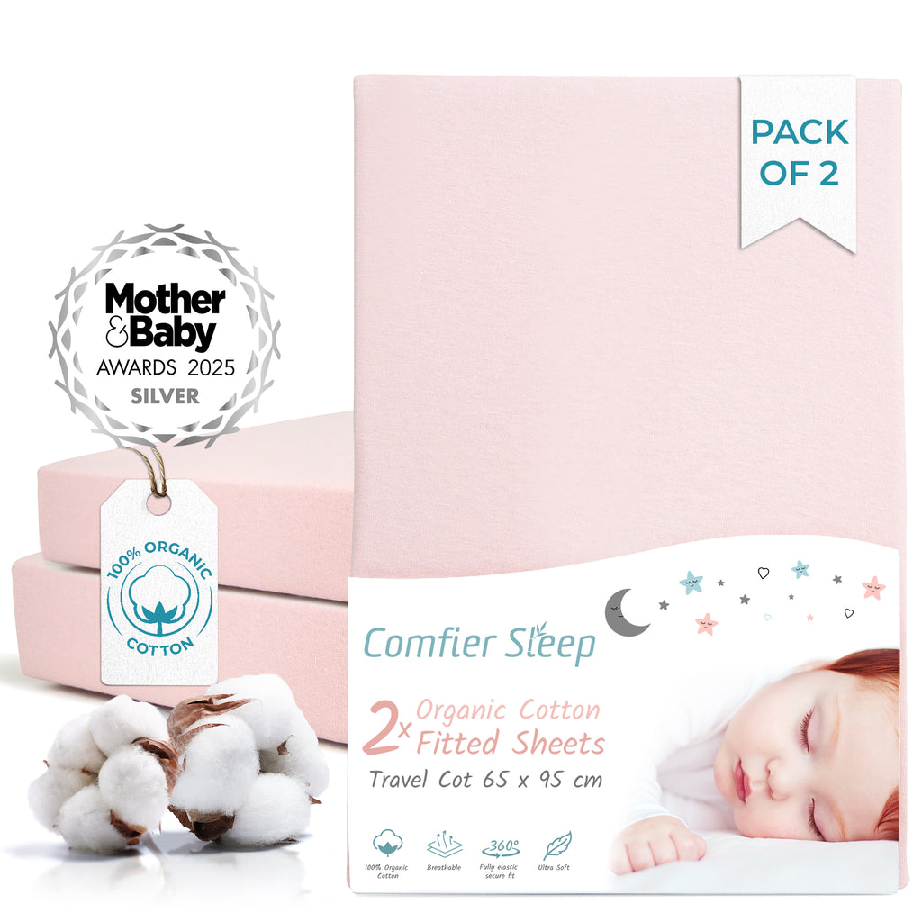 Pink Travel Cot Fitted Sheet  – 2 Pack Organic Cotton Travel Cot Sheets 95x65 cm for Baby Bed – Soft and Stretchy Fit