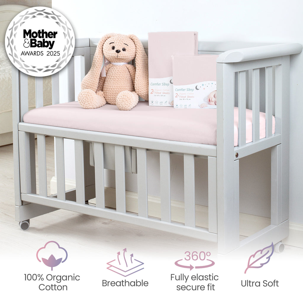 Pink Travel Cot Fitted Sheet  – 2 Pack Organic Cotton Travel Cot Sheets 95x65 cm for Baby Bed – Soft and Stretchy Fit
