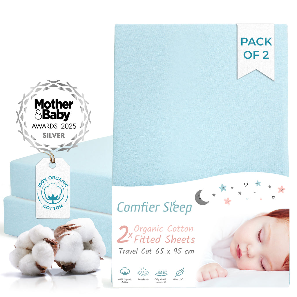 Blue  Travel Cot Sheets 95x65 cm – Organic Cotton Travel Cot Fitted Sheet 2 Pack – Soft Bedding for Next to Me Cot and Travel Mattress