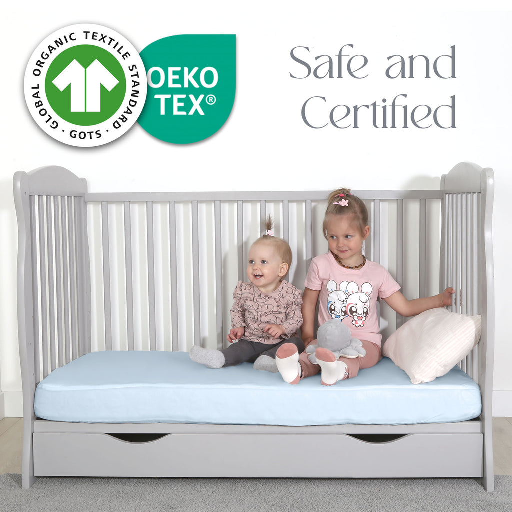 Blue  Travel Cot Sheets 95x65 cm – Organic Cotton Travel Cot Fitted Sheet 2 Pack – Soft Bedding for Next to Me Cot and Travel Mattress