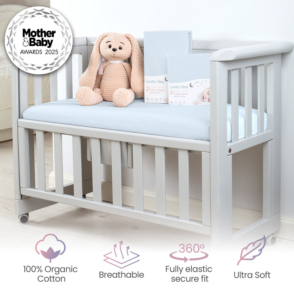 Blue  Travel Cot Sheets 95x65 cm – Organic Cotton Travel Cot Fitted Sheet 2 Pack – Soft Bedding for Next to Me Cot and Travel Mattress