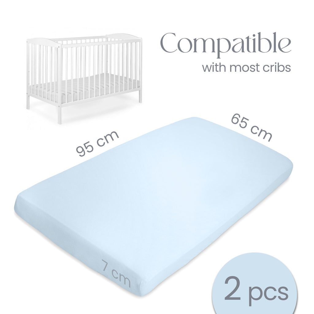 Blue  Travel Cot Sheets 95x65 cm – Organic Cotton Travel Cot Fitted Sheet 2 Pack – Soft Bedding for Next to Me Cot and Travel Mattress