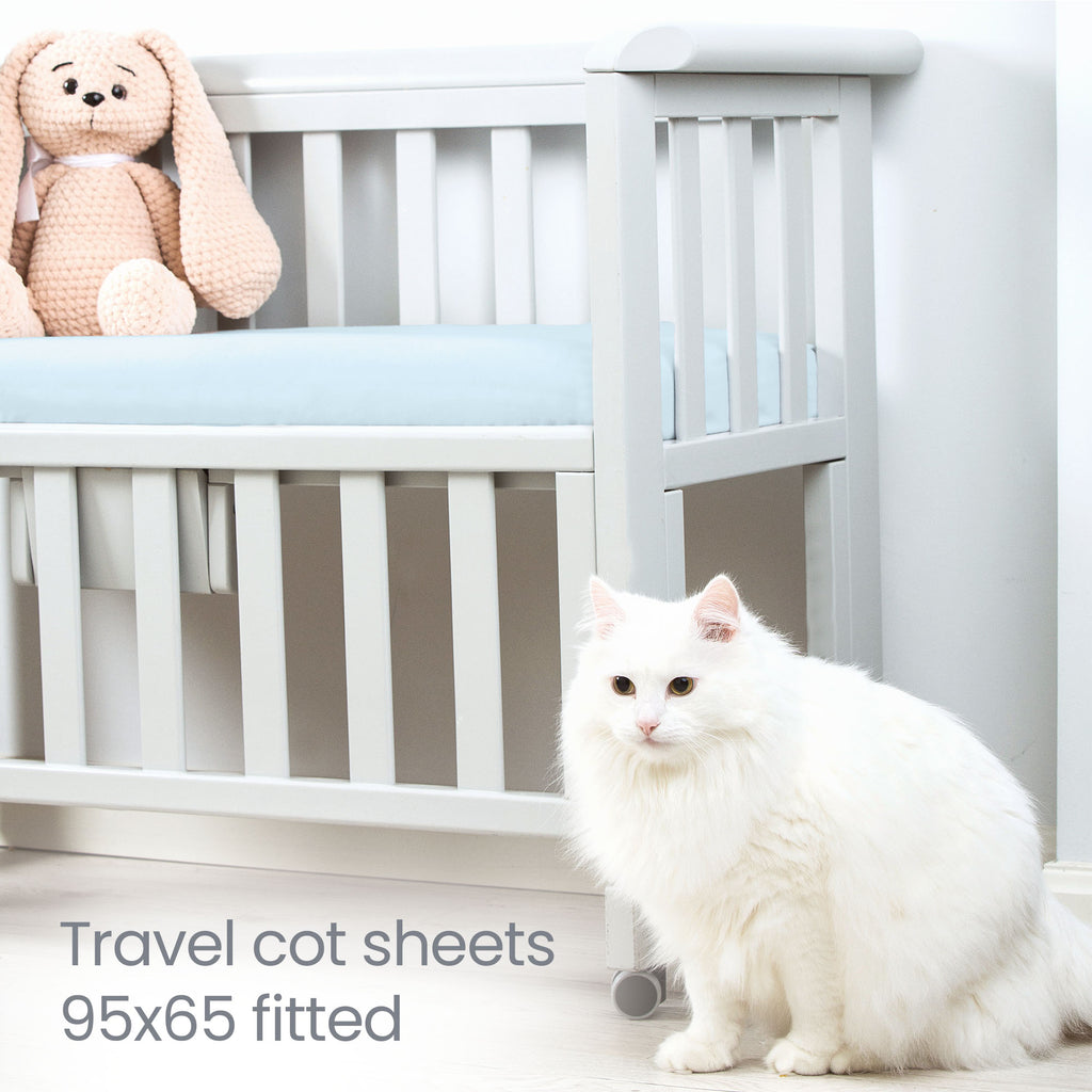 Blue  Travel Cot Sheets 95x65 cm – Organic Cotton Travel Cot Fitted Sheet 2 Pack – Soft Bedding for Next to Me Cot and Travel Mattress