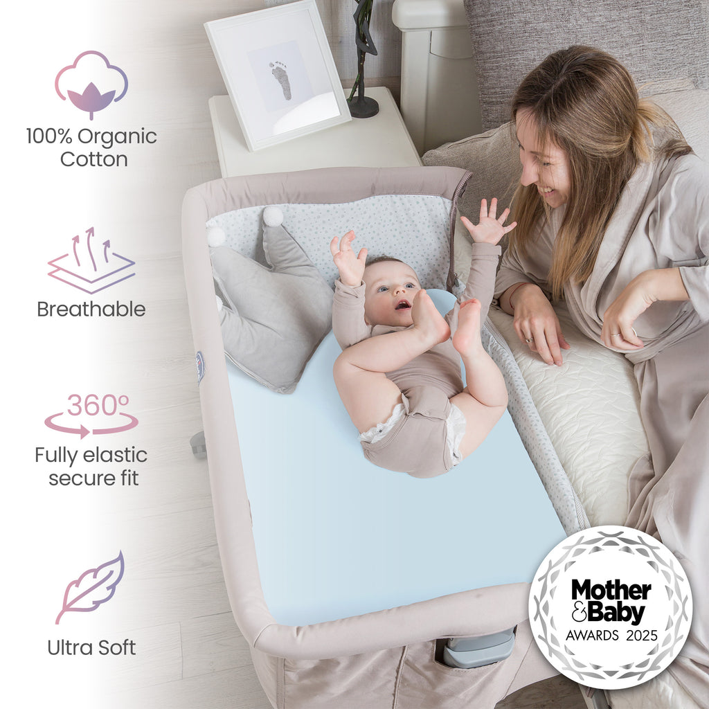 Next To Me Crib Sheets 51x85cm – Award-Winning 2 Pack Organic Cotton Blue Bedside Crib Fitted Sheets – Soft Breathable Tutti Bambini CoZee Fitted Sheets for Daily Use