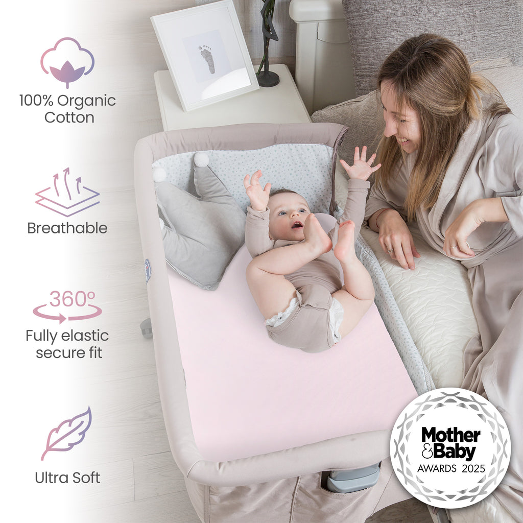 Crib Sheets 50x90cm – Organic Cotton 2 Pack Pink Cozee Bedside Crib Fitted Sheets – Soft Cot Sheets for Breathable Comfort