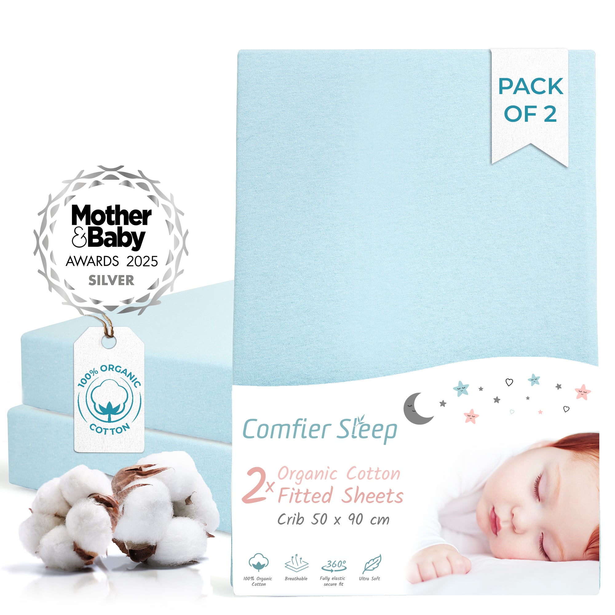 Crib Sheets 50x90cm – Organic Cotton 2 Pack White Cozee Bedside Crib Fitted Sheets – Soft Cot Sheets for Breathable Comfort