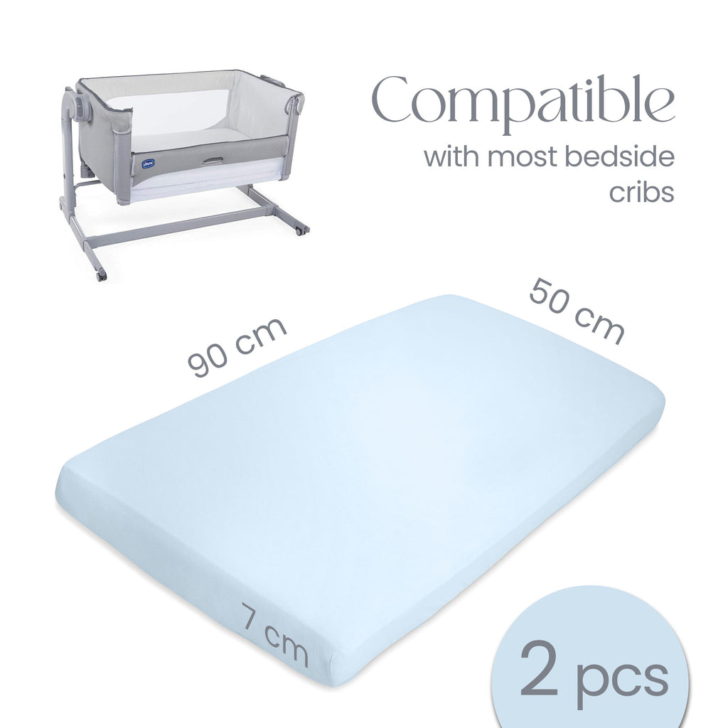 Crib Sheets 50x90cm – Organic Cotton 2 Pack Blue Cozee Bedside Crib Fitted Sheets – Soft Cot Sheets for Breathable Comfort