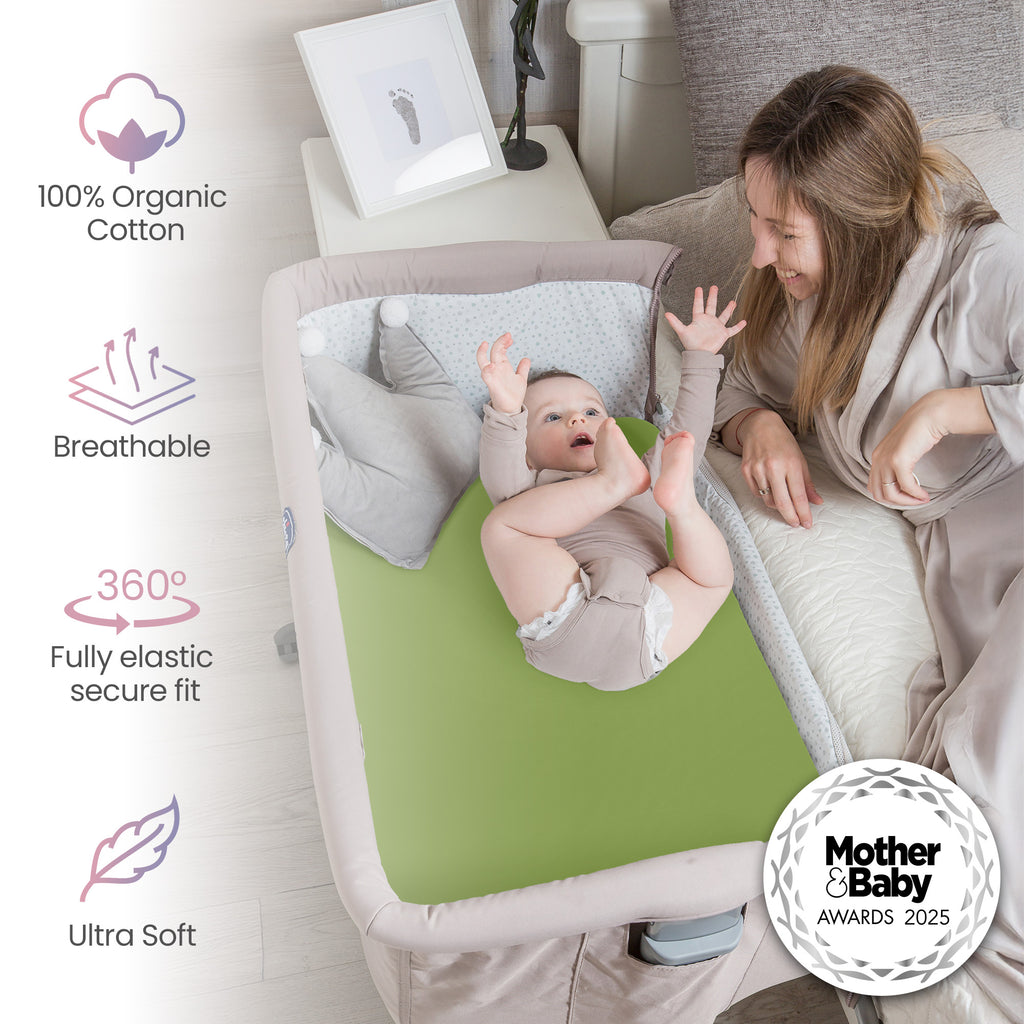 Next To Me Crib Sheets 51x85cm – Award-Winning 2 Pack Organic Cotton Green Bedside Crib Fitted Sheets – Soft Breathable Tutti Bambini CoZee Fitted Sheets for Daily Use