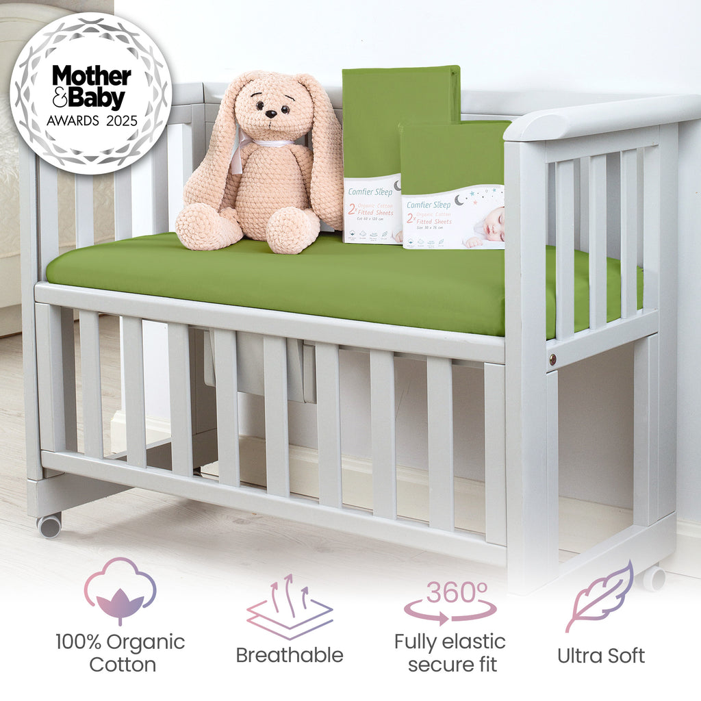 Green Travel Cot Fitted Sheet  – 2 Pack Organic Cotton Travel Cot Sheets 95x65 cm for Baby Bed – Soft and Stretchy Fit