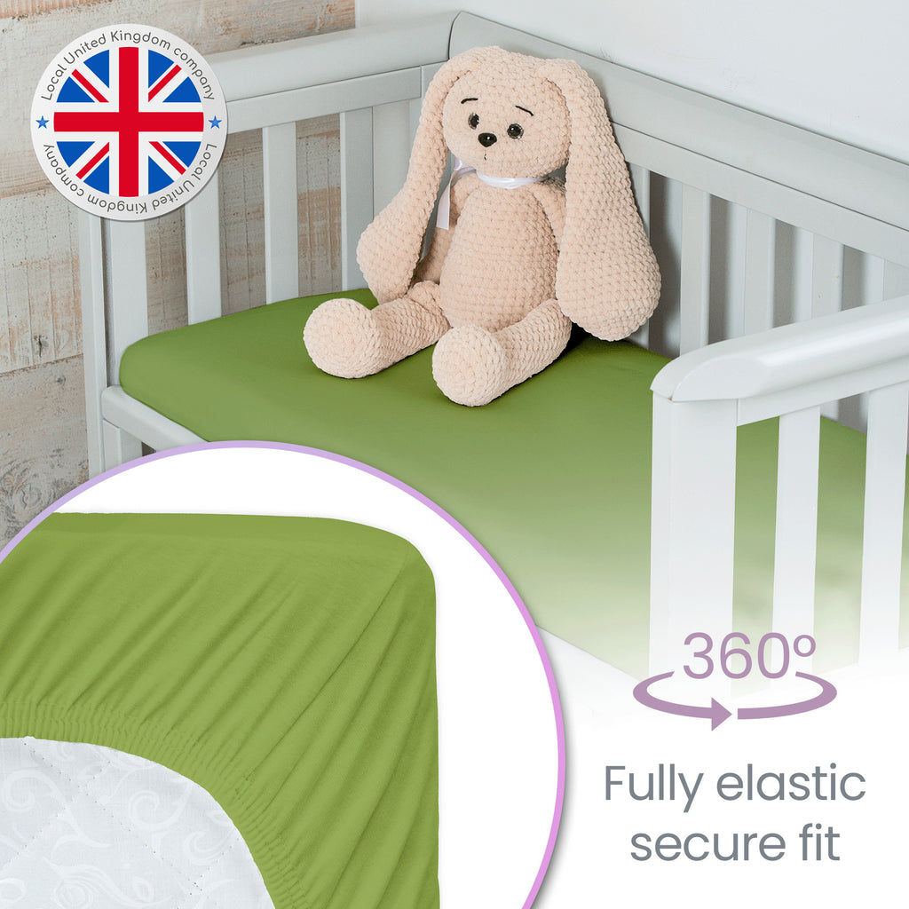 Green Travel Cot Fitted Sheet  – 2 Pack Organic Cotton Travel Cot Sheets 95x65 cm for Baby Bed – Soft and Stretchy Fit