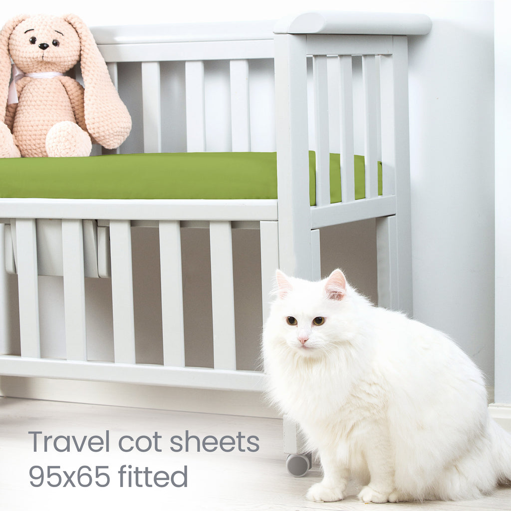 Green Travel Cot Fitted Sheet  – 2 Pack Organic Cotton Travel Cot Sheets 95x65 cm for Baby Bed – Soft and Stretchy Fit