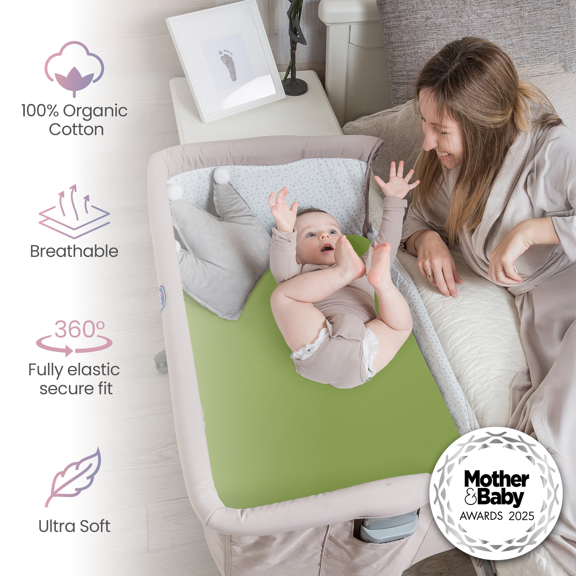 Crib Sheets 50x90cm – Organic Cotton 2 Pack Green Cozee Bedside Crib Fitted Sheets – Soft Cot Sheets for Breathable Comfort