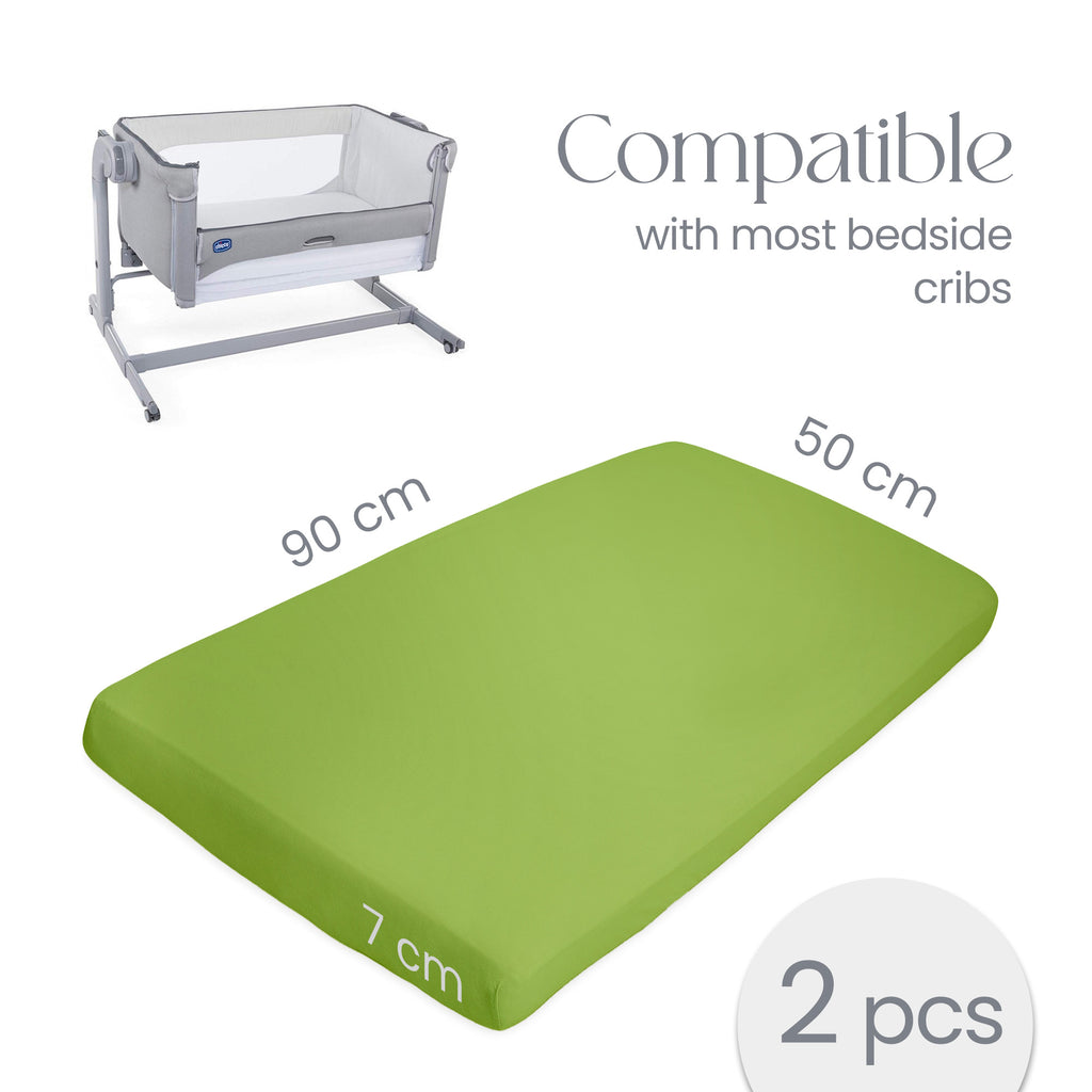 Crib Sheets 50x90cm – Organic Cotton 2 Pack Green Cozee Bedside Crib Fitted Sheets – Soft Cot Sheets for Breathable Comfort