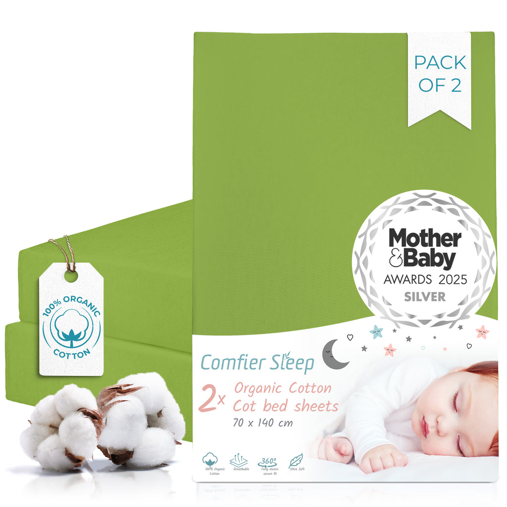 Green Cot Sheets 140 x 70 Fitted – Organic Cotton Cot Bed Sheets 2 Pack – Soft Breathable Bedding for Baby Cot Bed