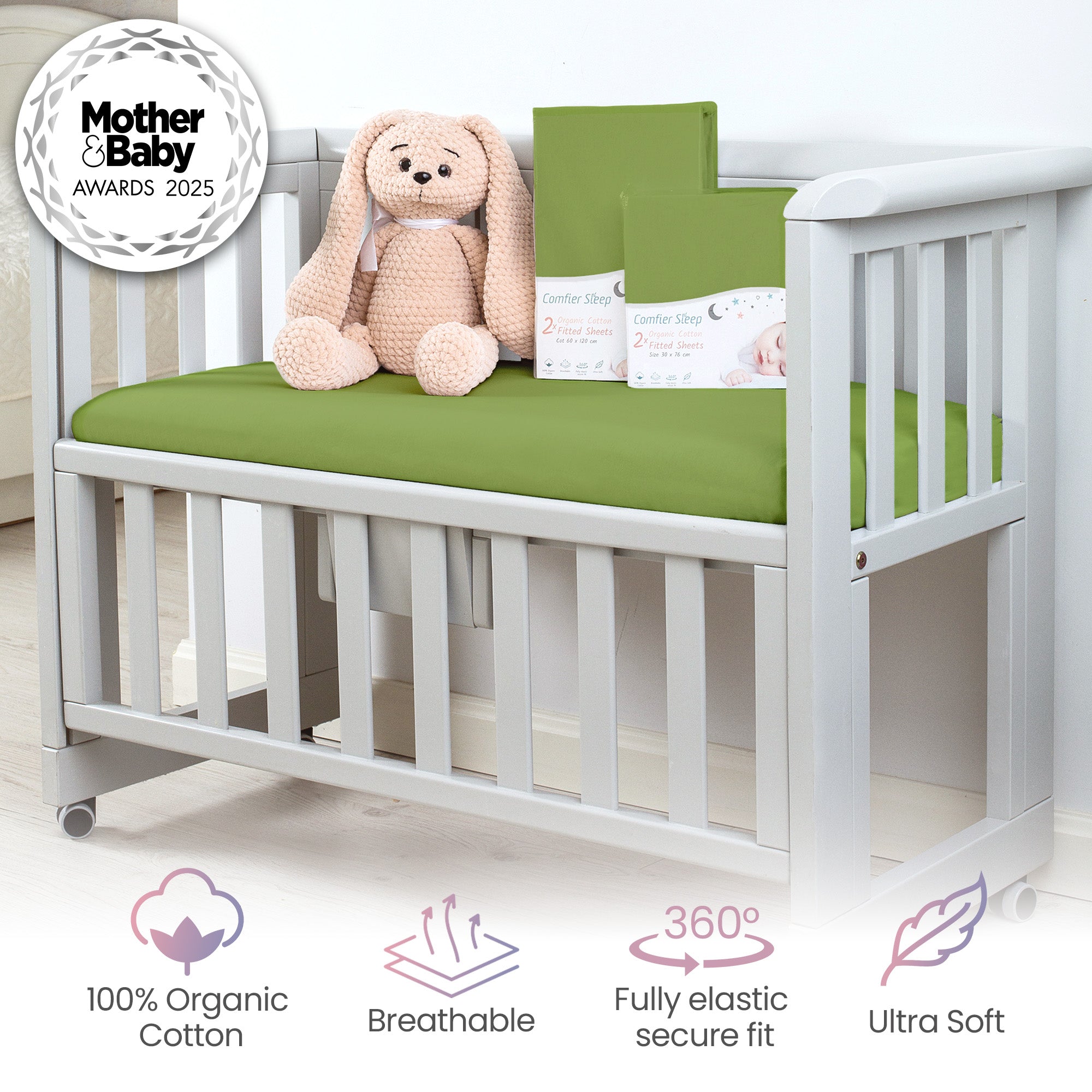 Green Cot Sheets 140 x 70 Fitted – Organic Cotton Cot Bed Sheets 2 Pack – Soft Breathable Bedding for Baby Cot Bed