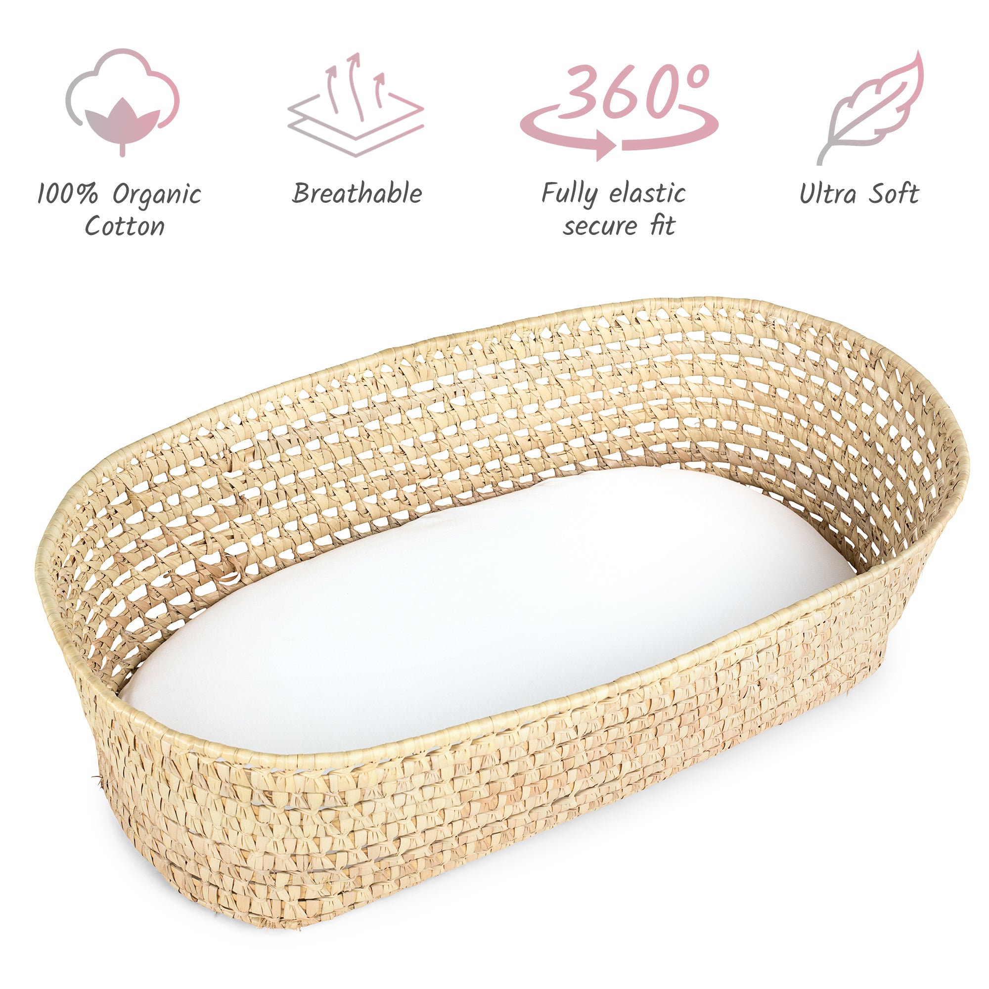 White Moses Basket Sheets 30x76cm – 2 Pack Organic Cotton Soft Pram Sheets Fitted for Baby Bed Comfort