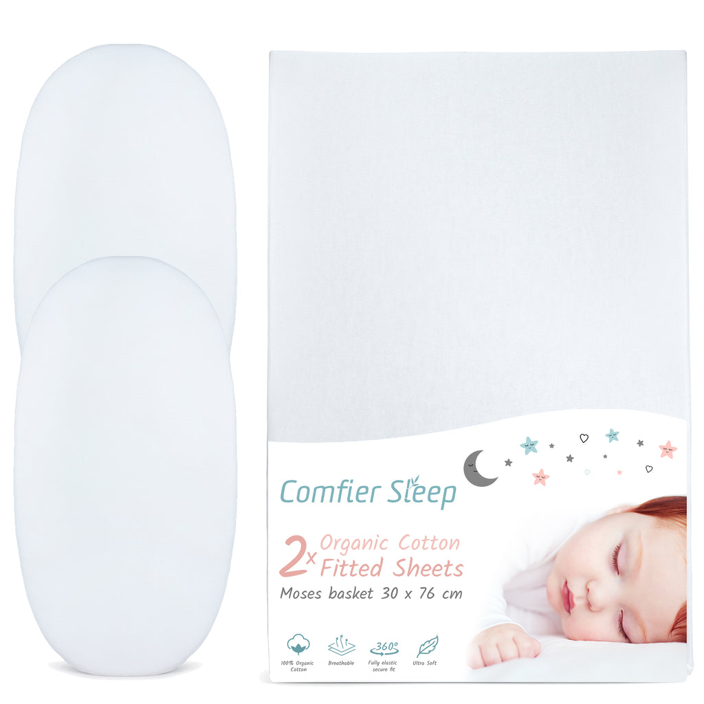 White Moses Basket Sheets 30x76cm – 2 Pack Organic Cotton Soft Pram Sheets Fitted for Baby Bed Comfort