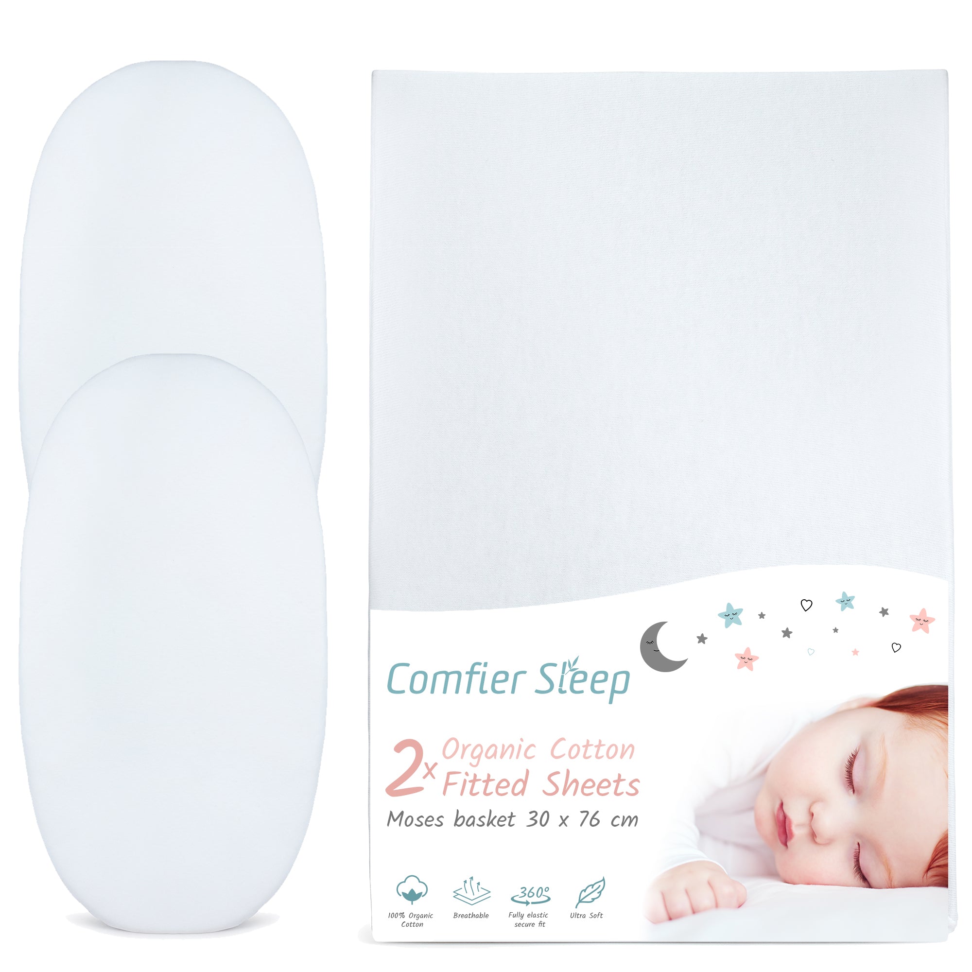 White Moses Basket Sheets 30x76cm – 2 Pack Organic Cotton Soft Pram Sheets Fitted for Baby Bed Comfort